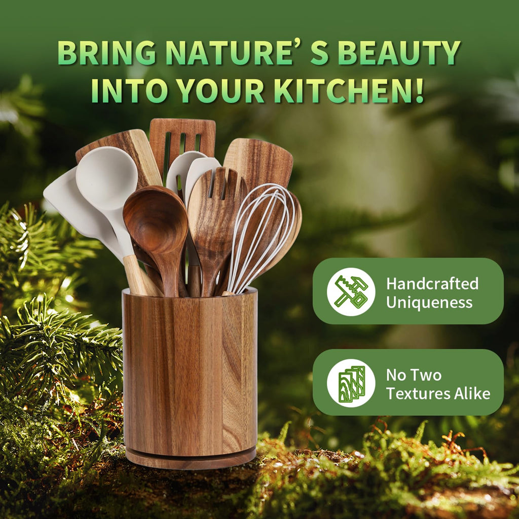 Acacia Wood Utensil Holder – 360° Rotating Kitchen Organizer